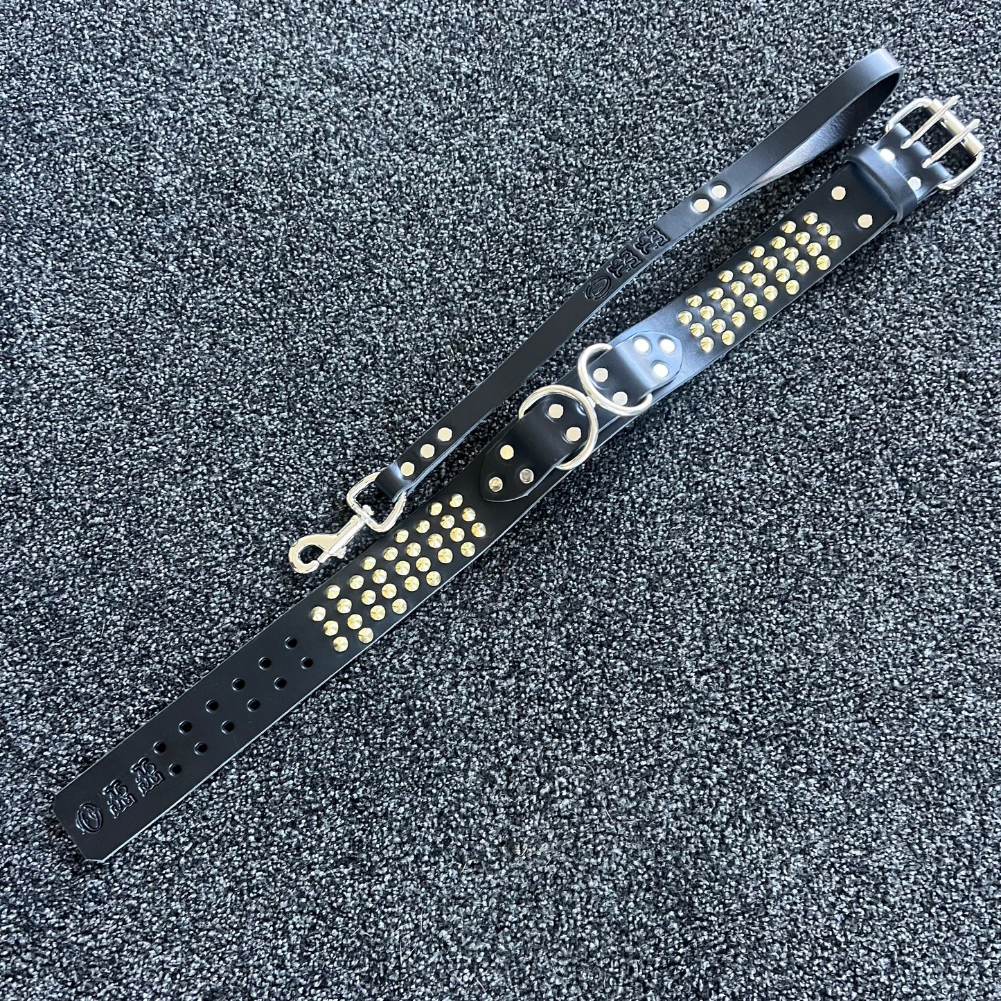 Black leather dog collar with gold studs and silver hardware on a textured gray background