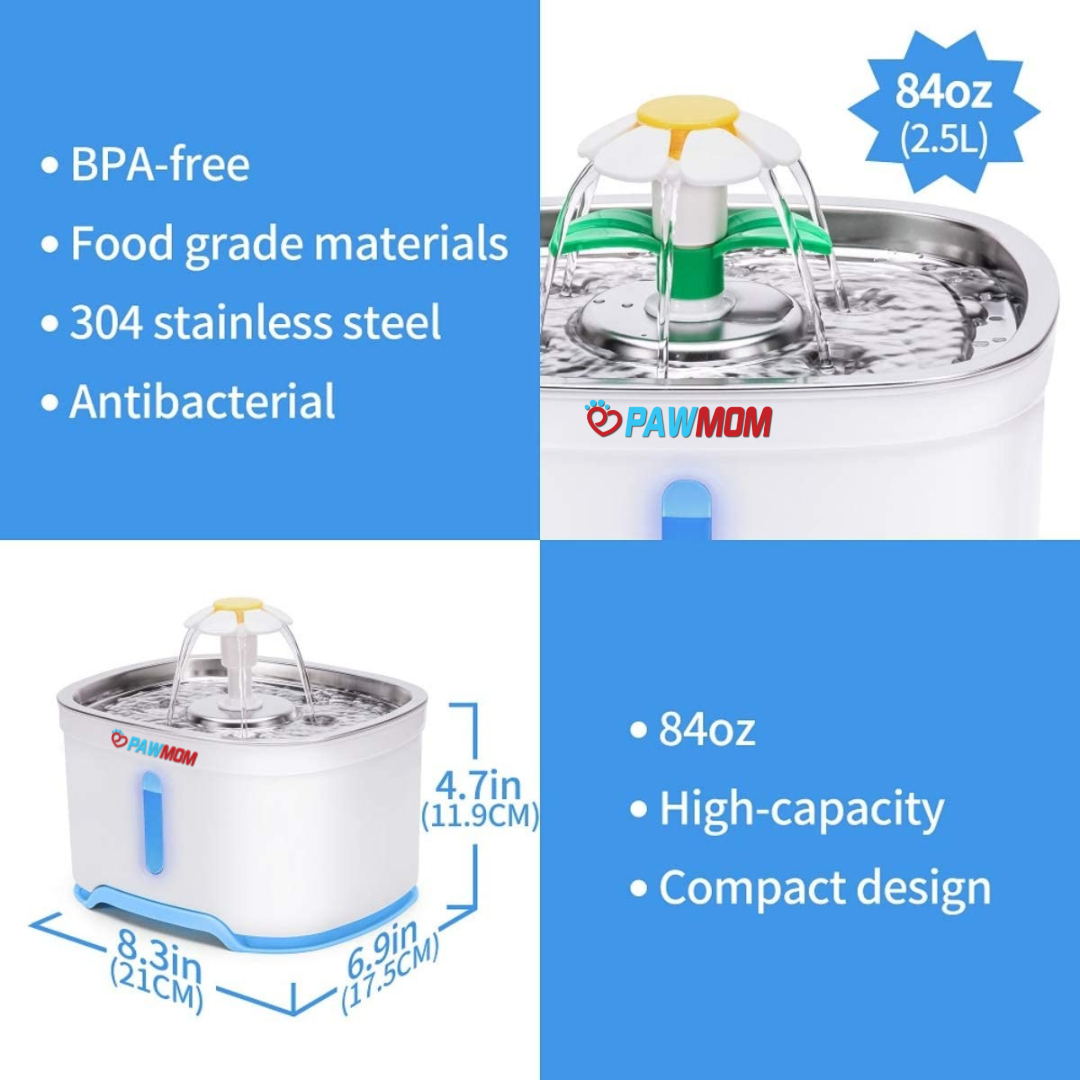 Pet Water Fountain (2.5L) with Stainless Steel Top and 2 Flower Spouts