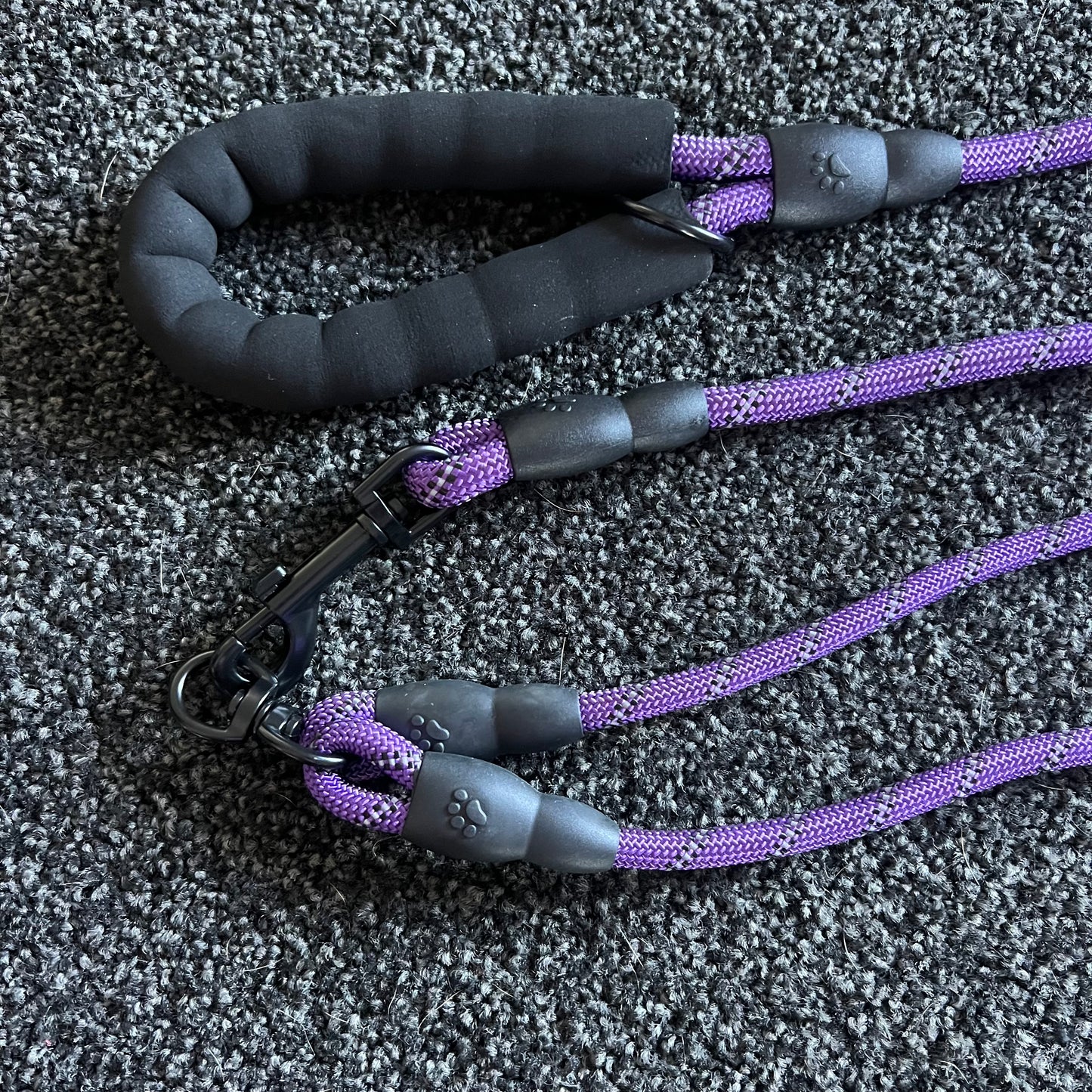 Purple and black dog leash on a textured gray surface