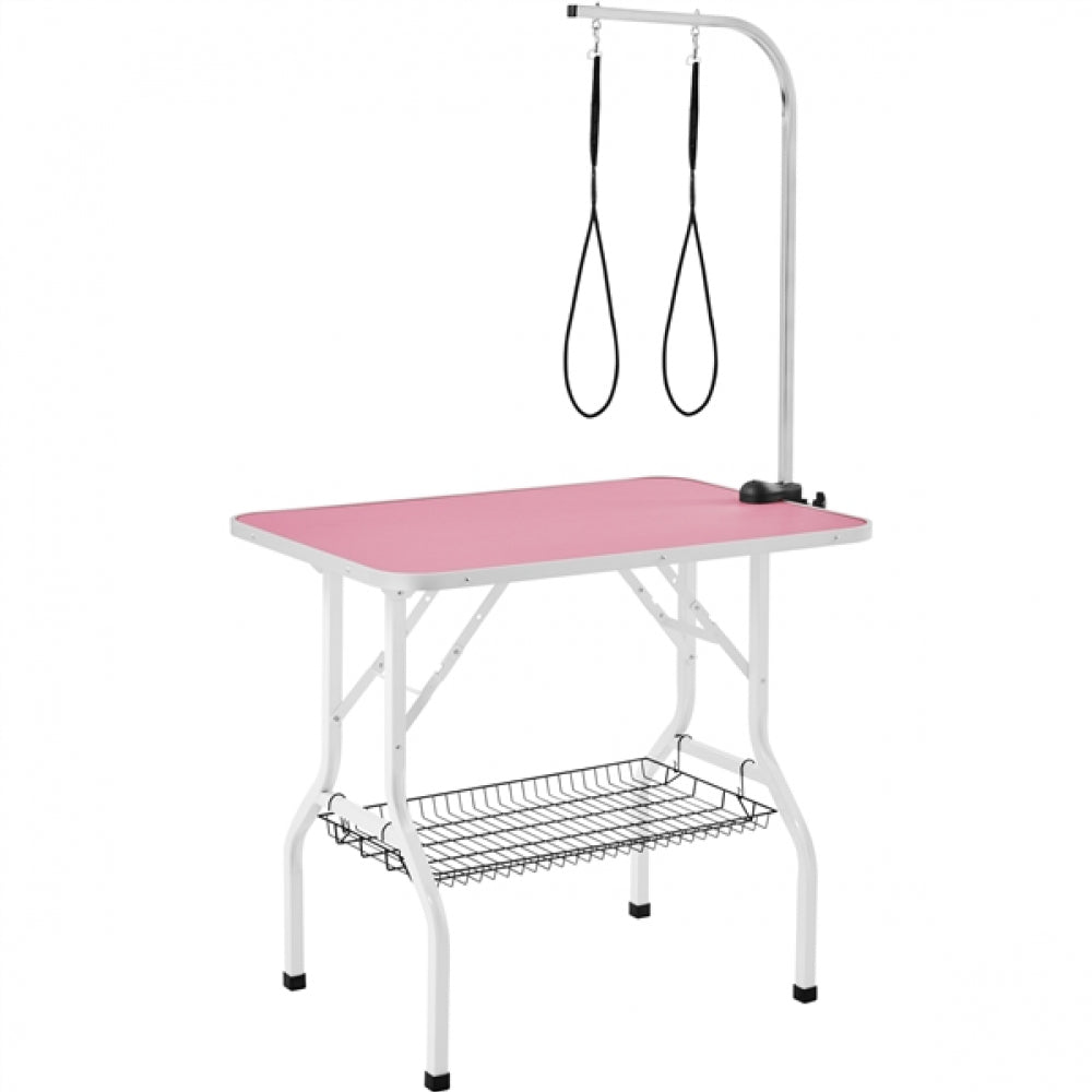 Dog Grooming Table with Basket Style Tool Shelf and Adjustable Arm Fold-up Pet Salon Table