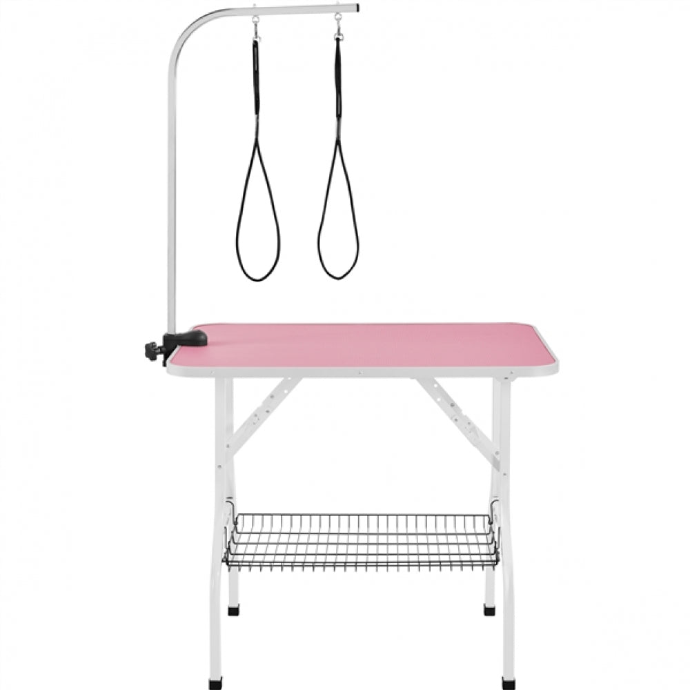 Dog Grooming Table with Basket Style Tool Shelf and Adjustable Arm Fold-up Pet Salon Table