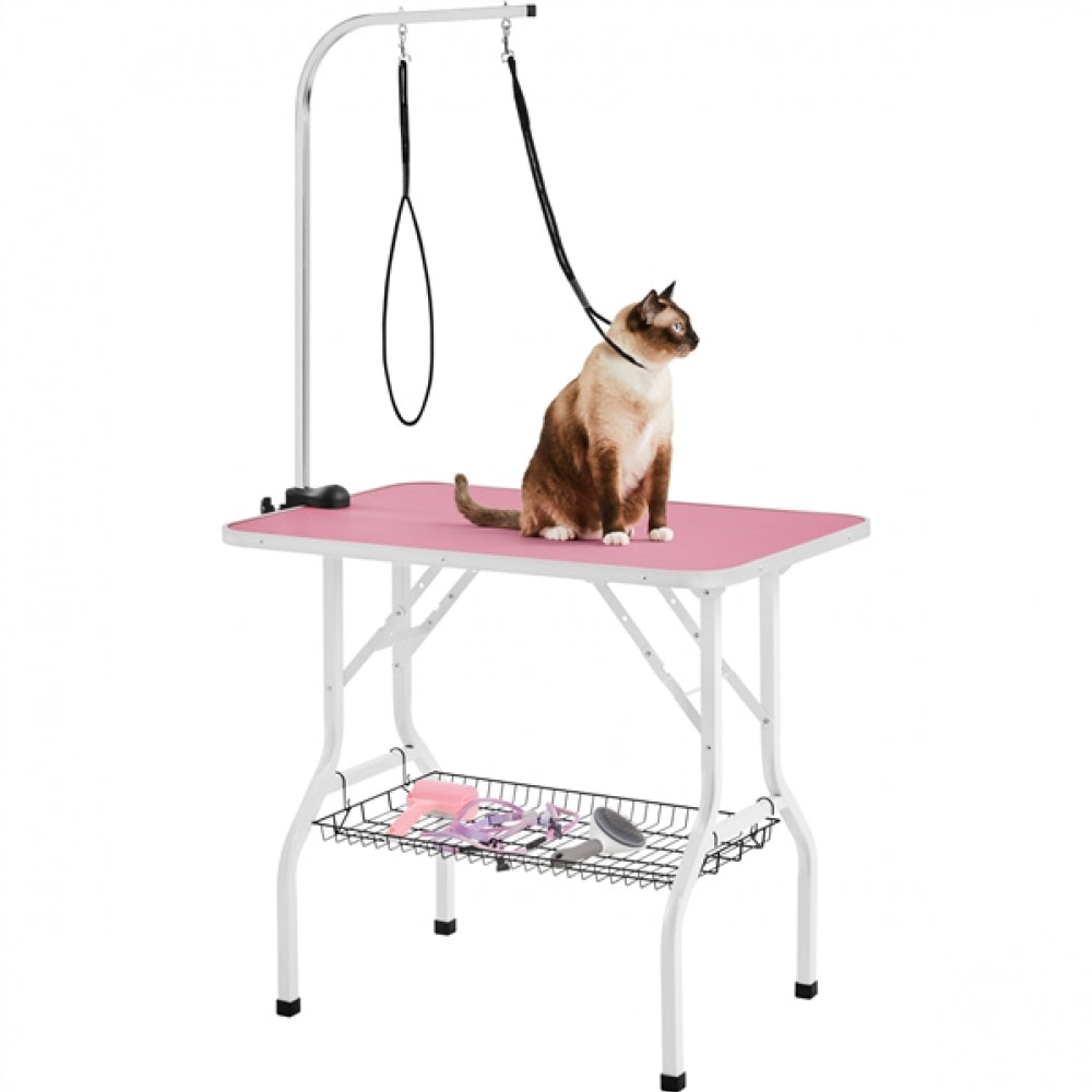 Dog Grooming Table with Basket Style Tool Shelf and Adjustable Arm Fold-up Pet Salon Table