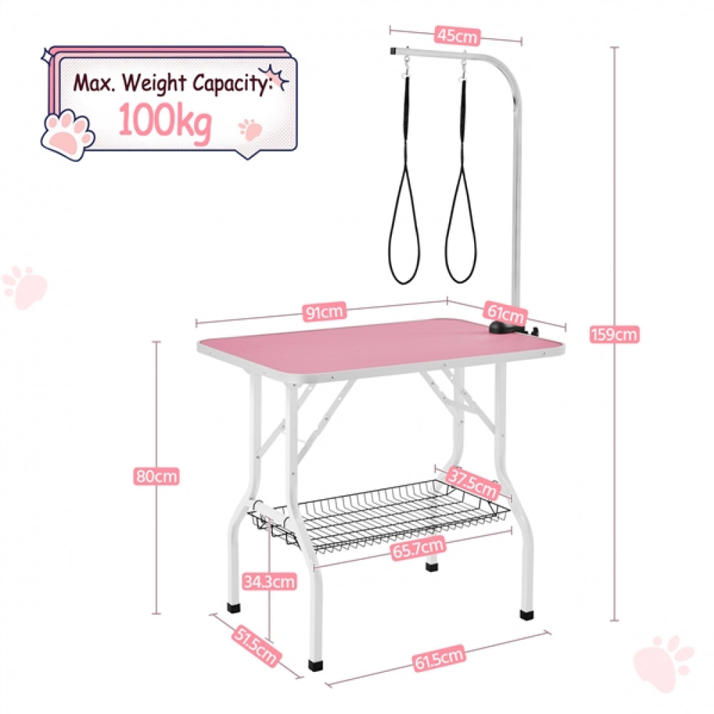 Dog Grooming Table with Basket Style Tool Shelf and Adjustable Arm Fold-up Pet Salon Table
