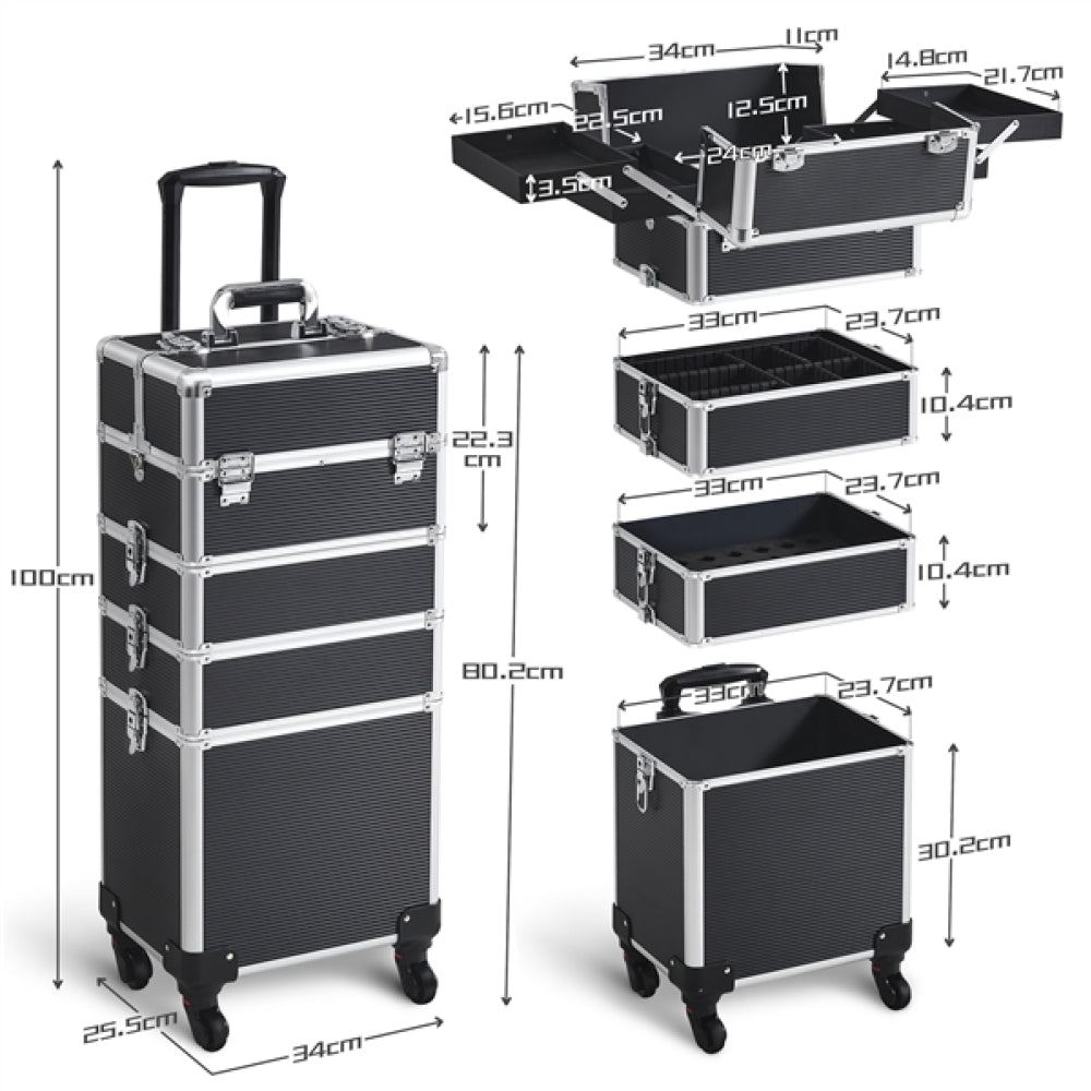 5-In-1 Professional Aluminum Rolling Cosmetic Makeup Train Cases Trolley
