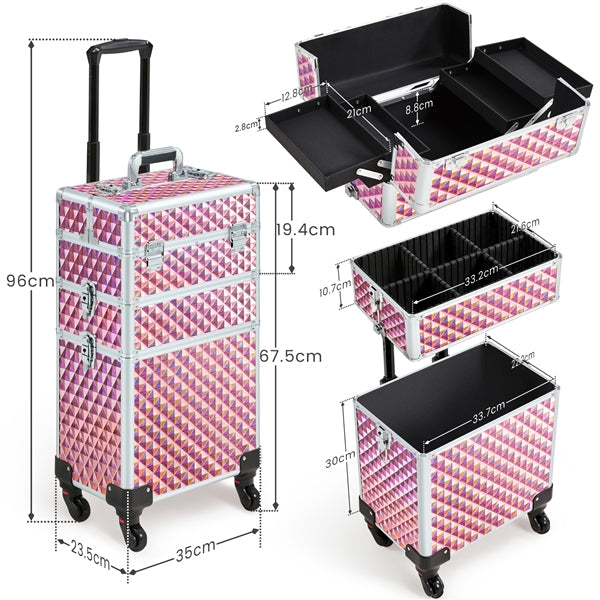 3-in-1 Rolling Makeup Train Case Portable Cosmetic Trolley