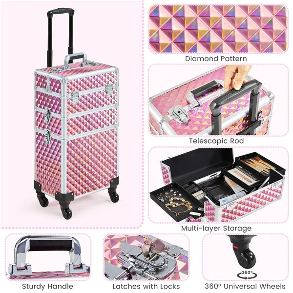 3-in-1 Rolling Makeup Train Case Portable Cosmetic Trolley
