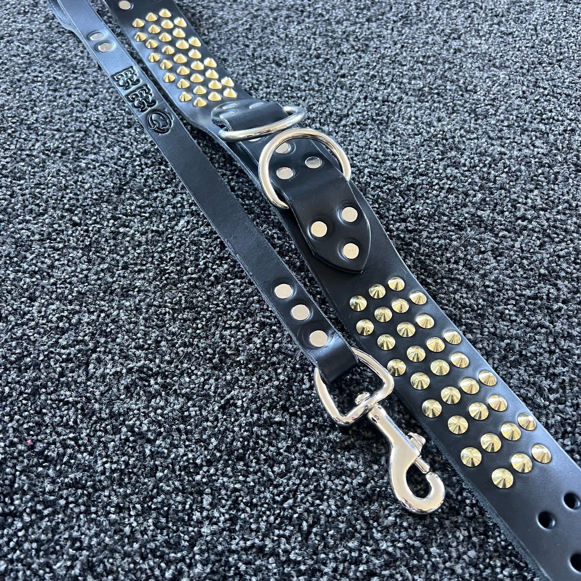 Black leather dog collar with gold studs on a textured black background