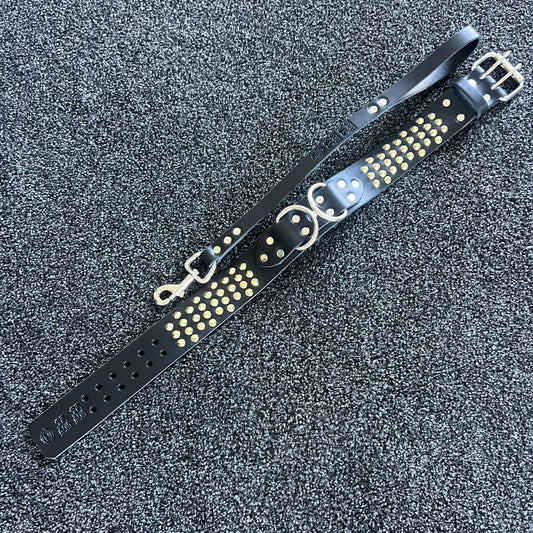 Black leather dog collar with gold studs and silver hardware on a textured gray background
