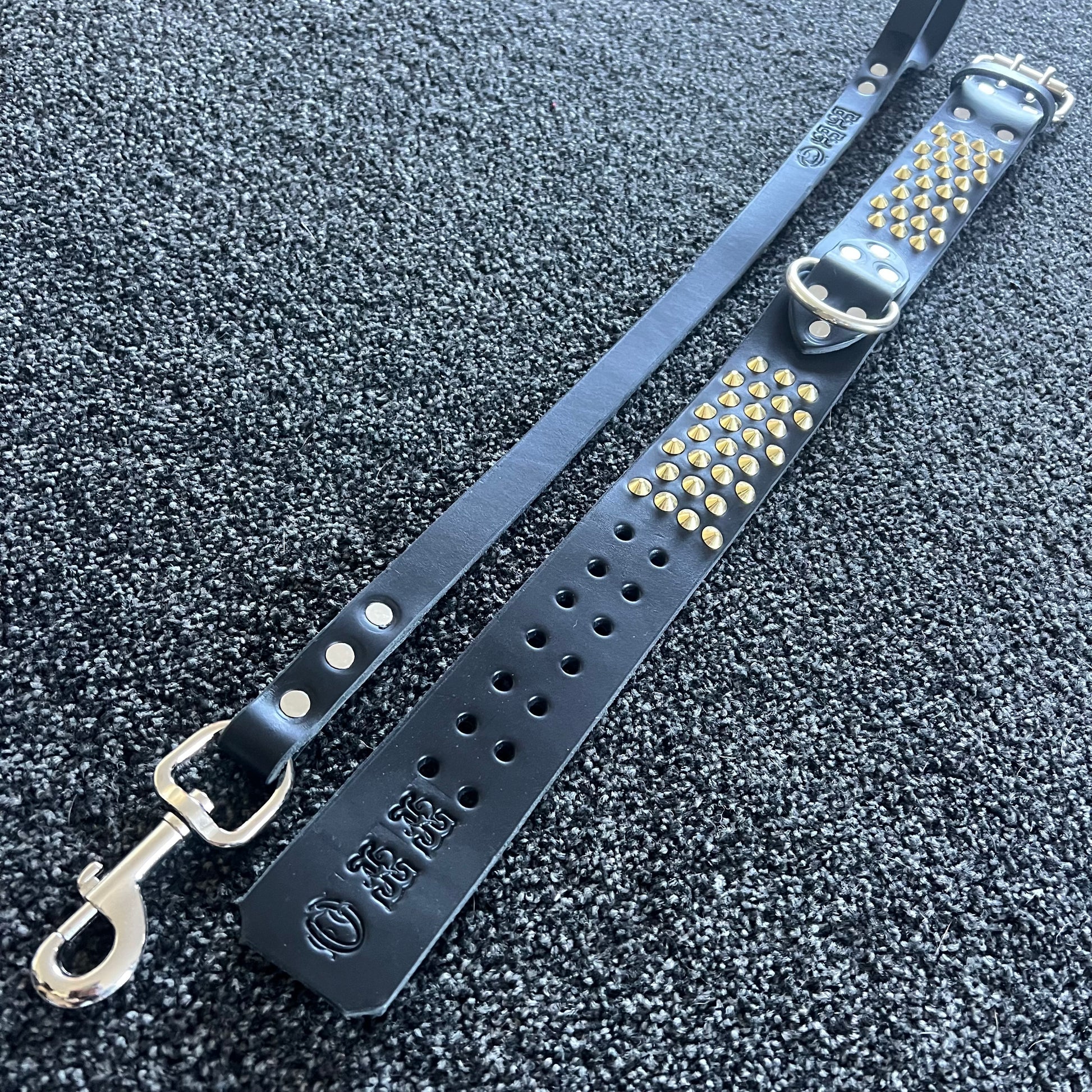 Black leather dog collar with gold studs and silver hardware on a textured black background