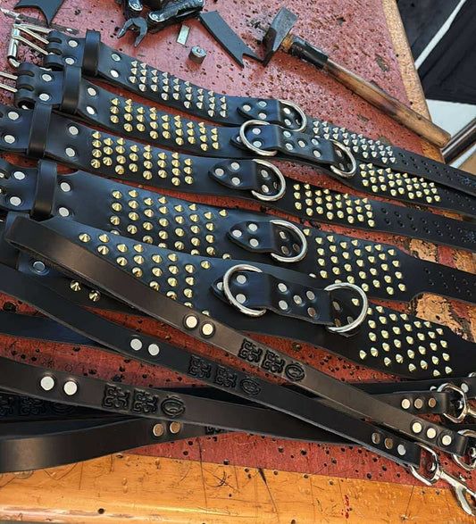Black & Silver Leather Studded Collar Set for dogs