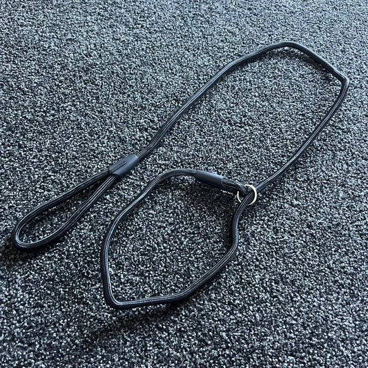 Black dog leash on a textured gray surface