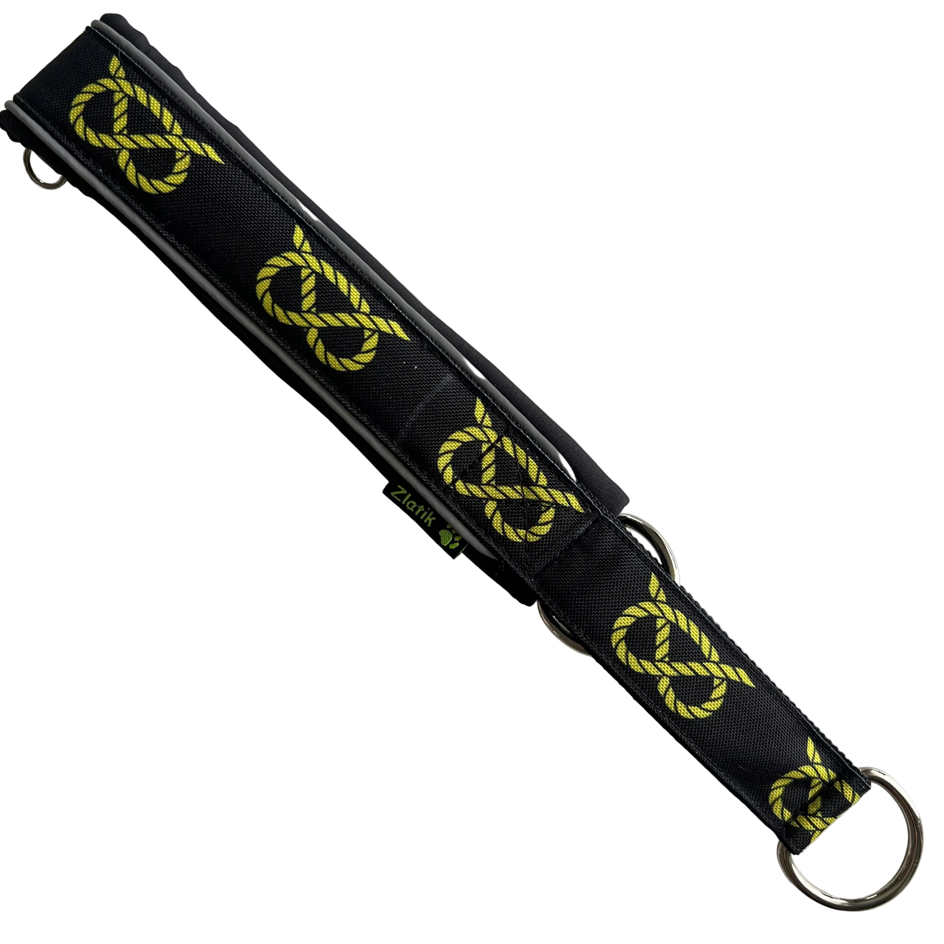 Black soft martingale collar with yellow stafford knot pattern on a white background