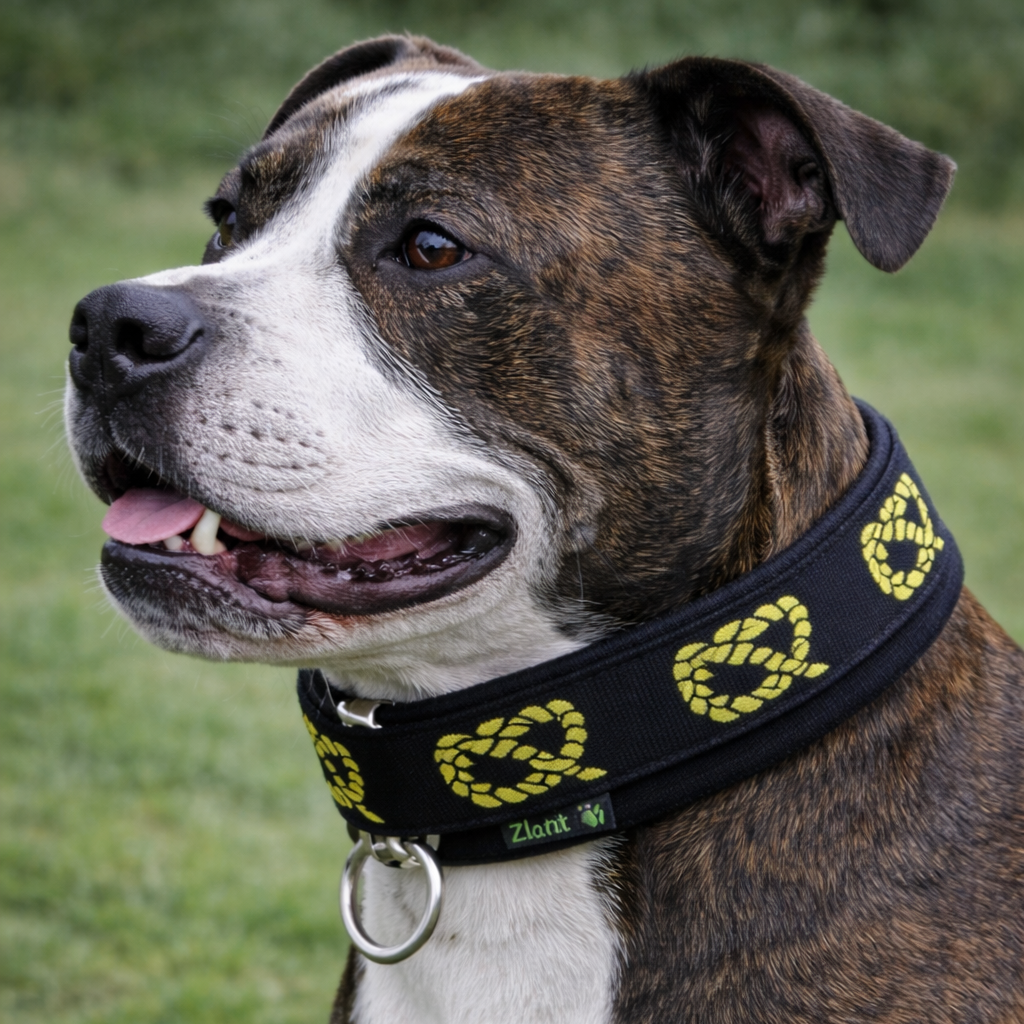 staffordshire bull terrier wearing a black collar with green patterns on a grassy background