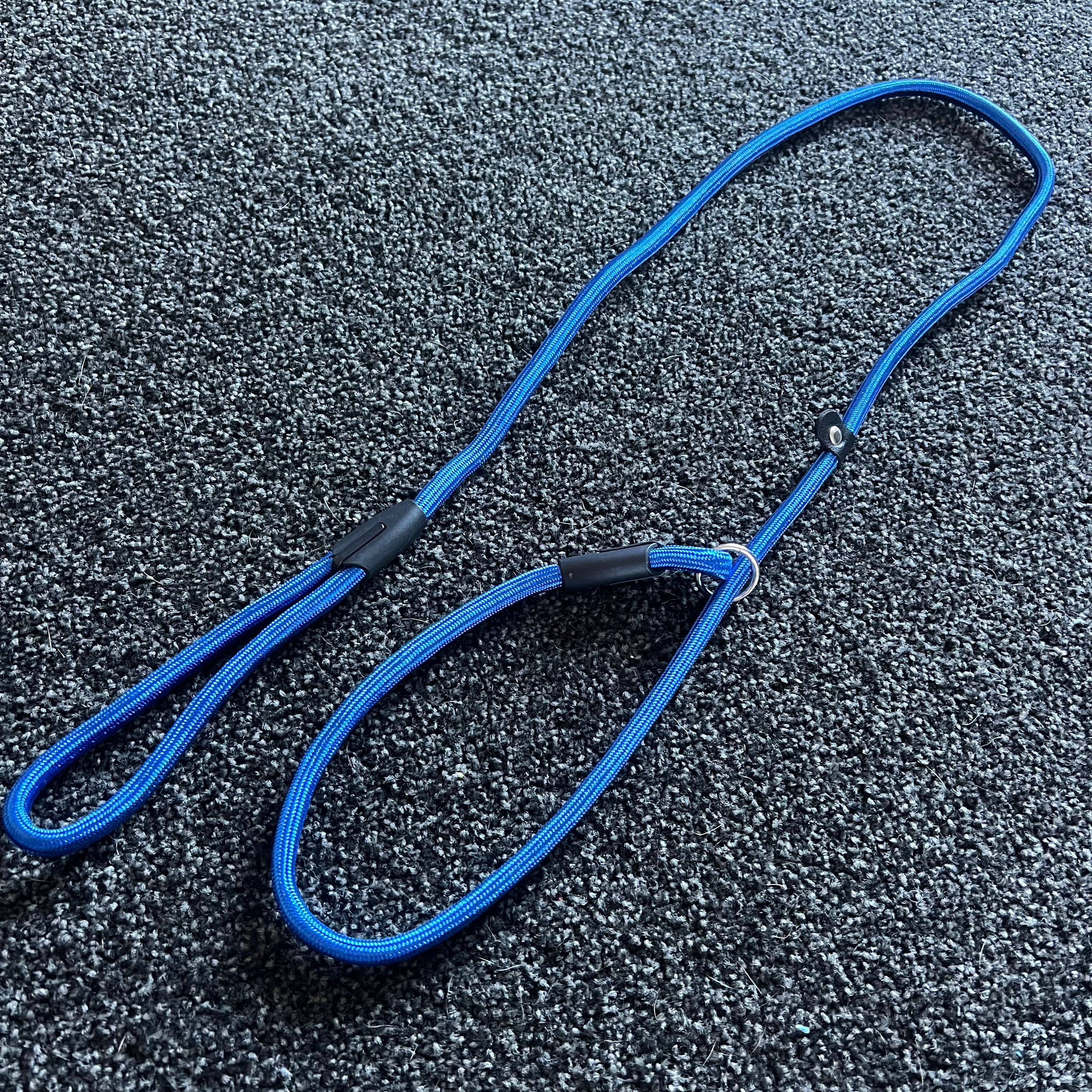 Blue dog leash with black clips on a textured gray surface
