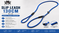Blue 130cm dog slip leash with black plastic connectors and metal rings, displayed on a white background with product features, specifications, and brand logo.