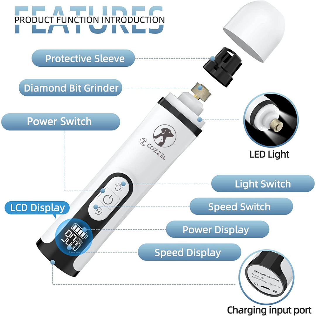 Pet Nail Grinder with 2 LED Lights Upgraded 3-Speed Electric Cordless
