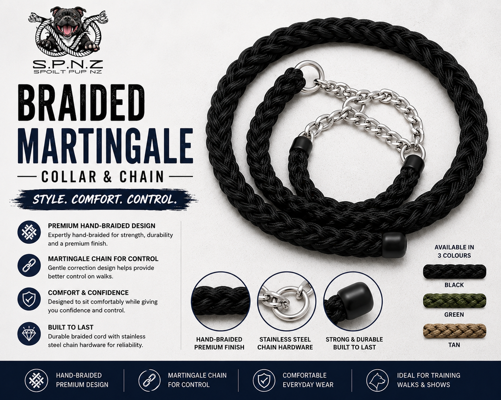 Braided Martingale Dog Collar with Stainless Steel Chain | Hand Braided