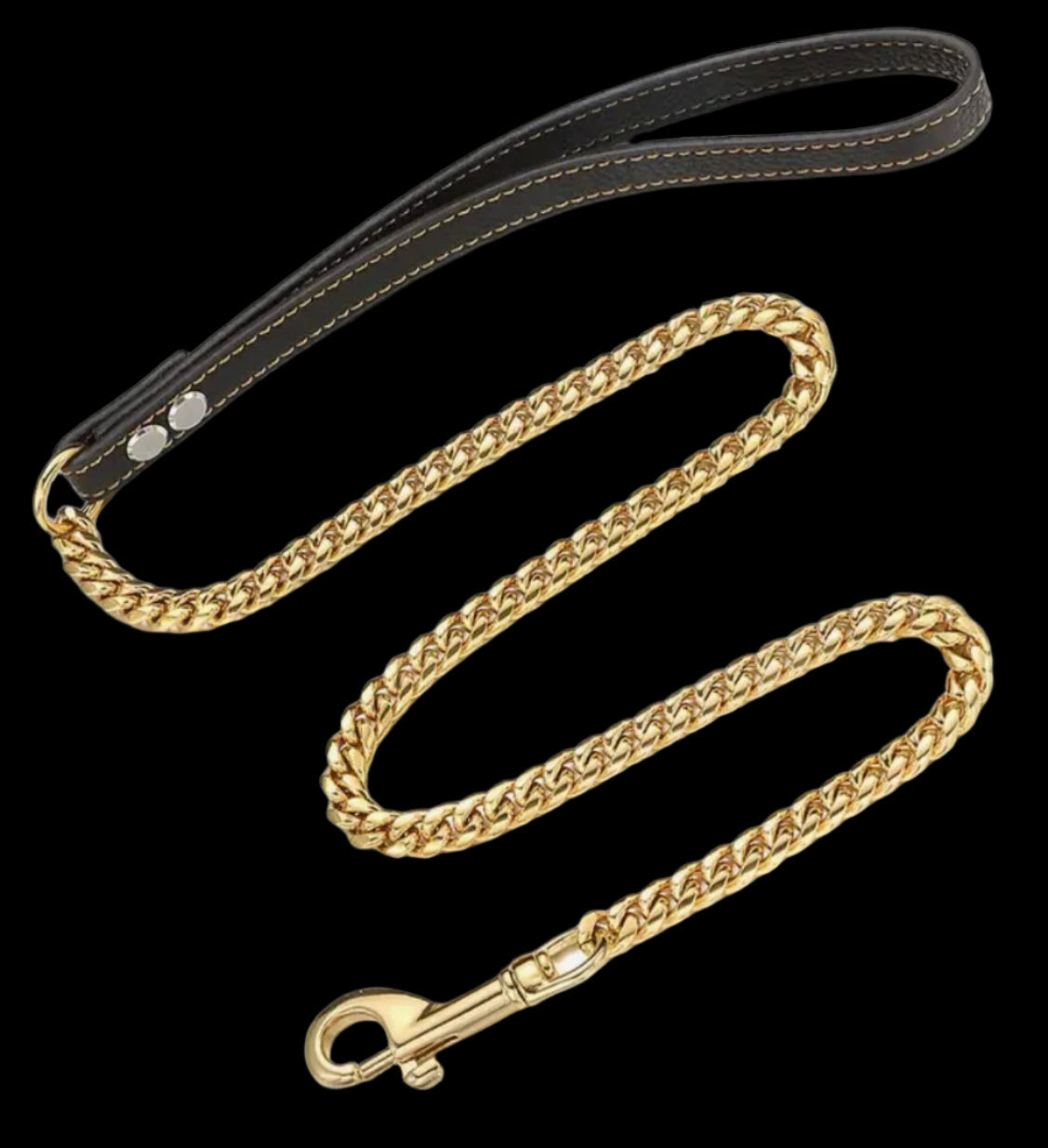 Gold Stainless Steel 20mm Cuban Chain Leash, Leather Handle - $20 Off with any Link chain