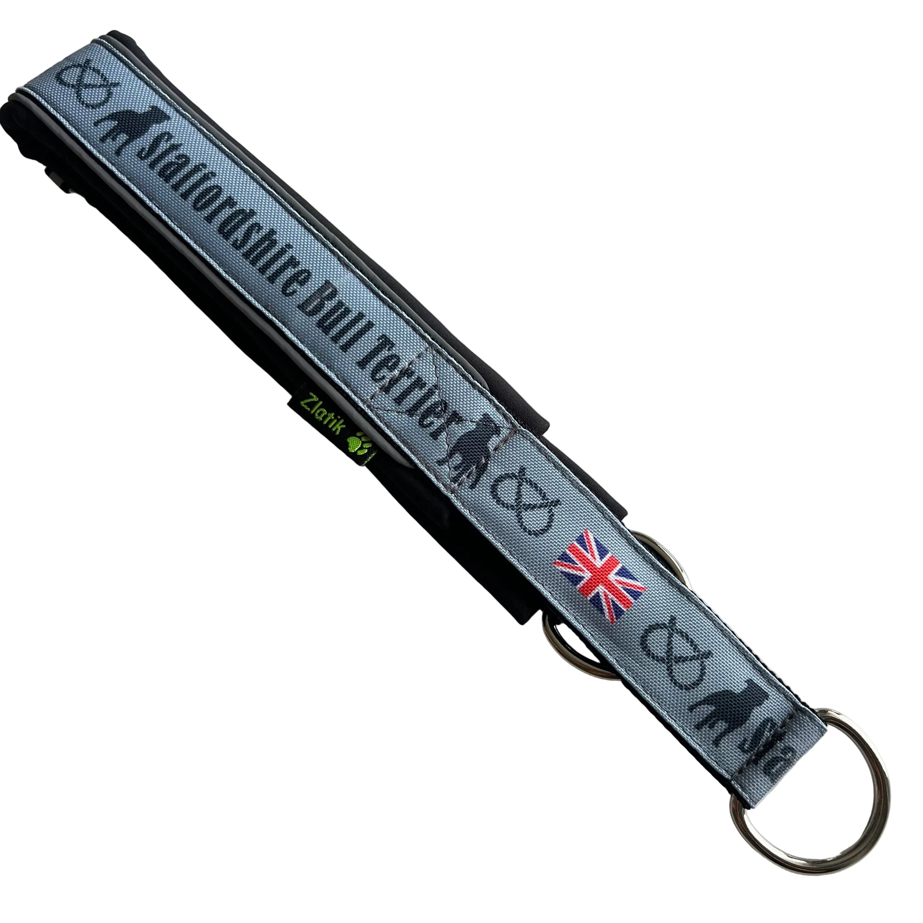staffy collar with 'Staffordshire Bull Terrier' text and British flag design on a white background