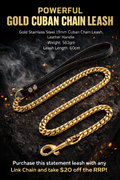 19mm Gold Stainless Steel Cuban Chain Dog Leash | Leather Handle | Save $20 with Any Matching Cuban Link Necklace | The Tough Ones™
