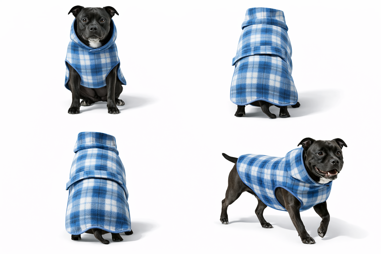 Stafford Snuggie Coat Tartan Blue| Winter Dog Fleece for Staffordshire Bull Terriers
