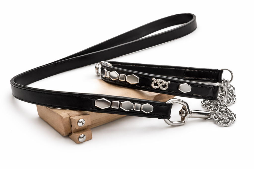 Black & Silver Leather Martingale Collar & Lead Set – 38cm | UK Made