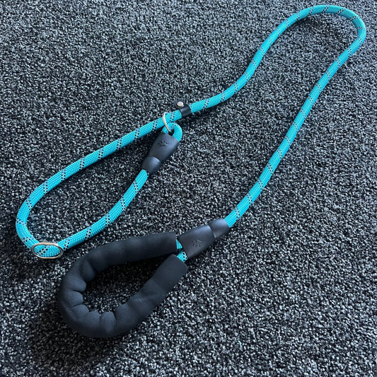Blue and black dog leash on a textured gray surface