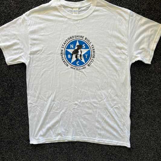 White t-shirt with a blue and black logo on a dark textured background