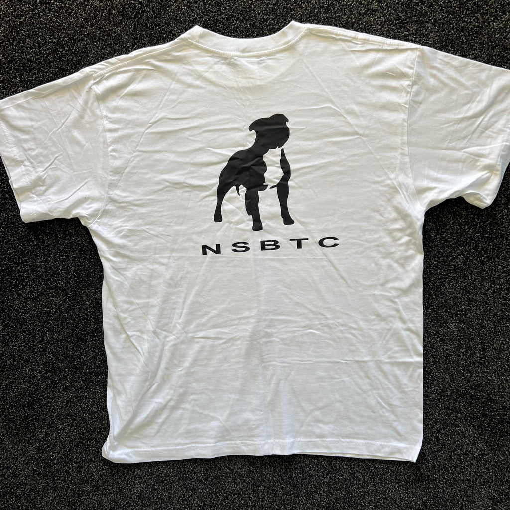 White t-shirt with black silhouette graphic and 'NSBTC' text on a dark background