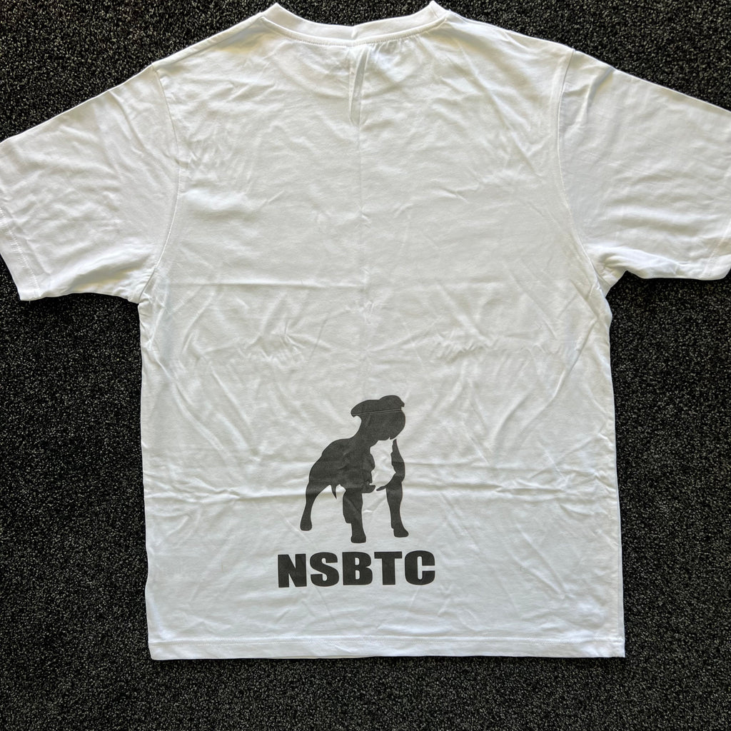 White t-shirt with a black silhouette and 'NSBTC' text on a dark textured background