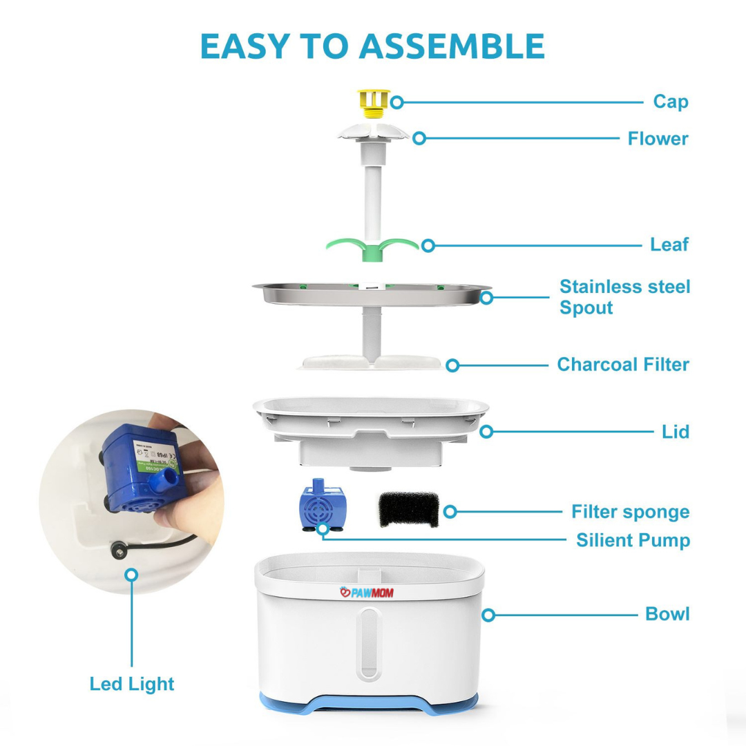 Pet Water Fountain (2.5L) with Stainless Steel Top and 2 Flower Spouts