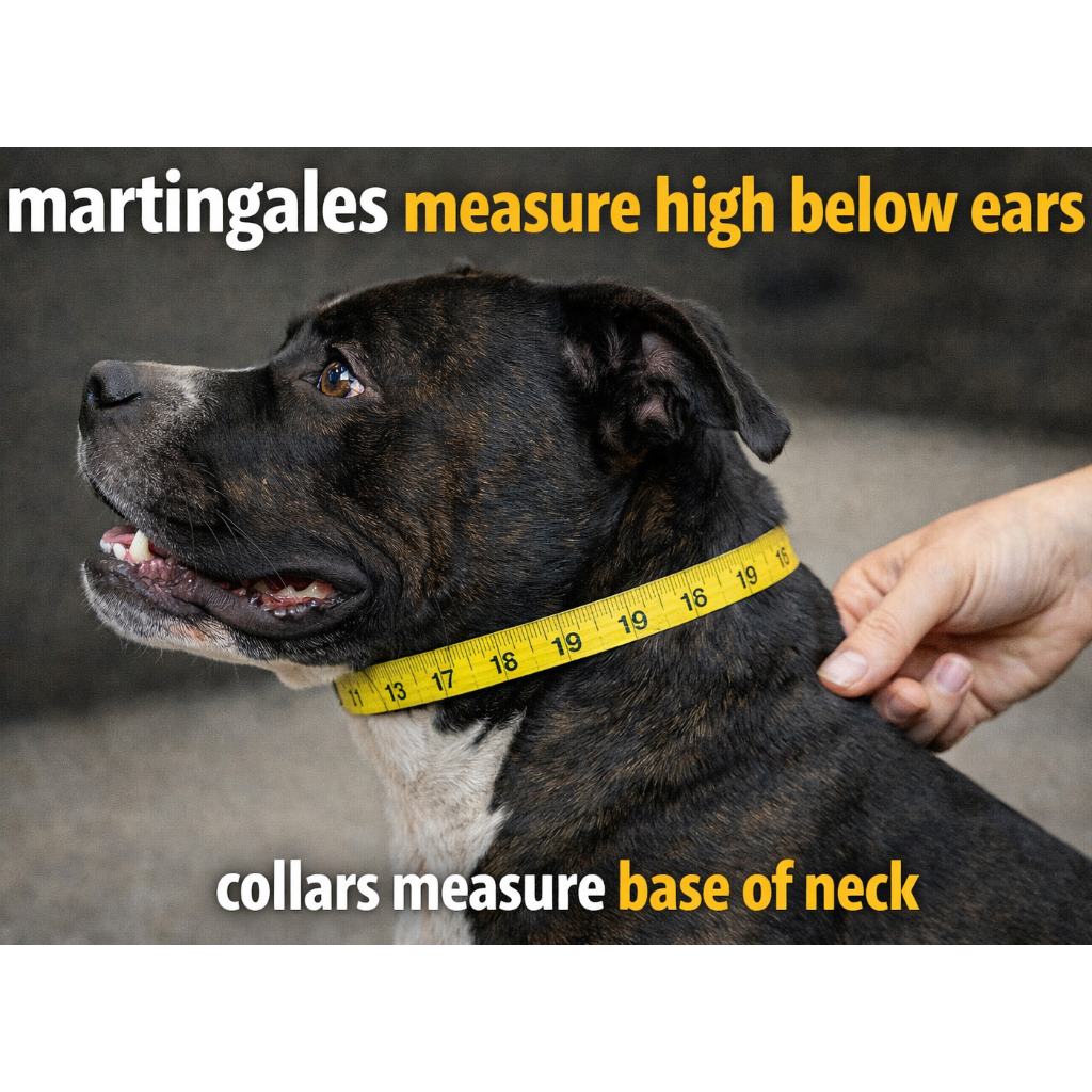 staffordshire bull terrier with a measuring tape around its neck, demonstrating where to measure for martingale collars.