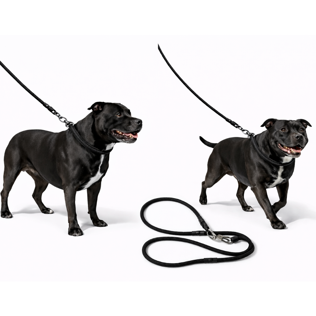 Two black staffordshire bull terriers on leashes against a white background