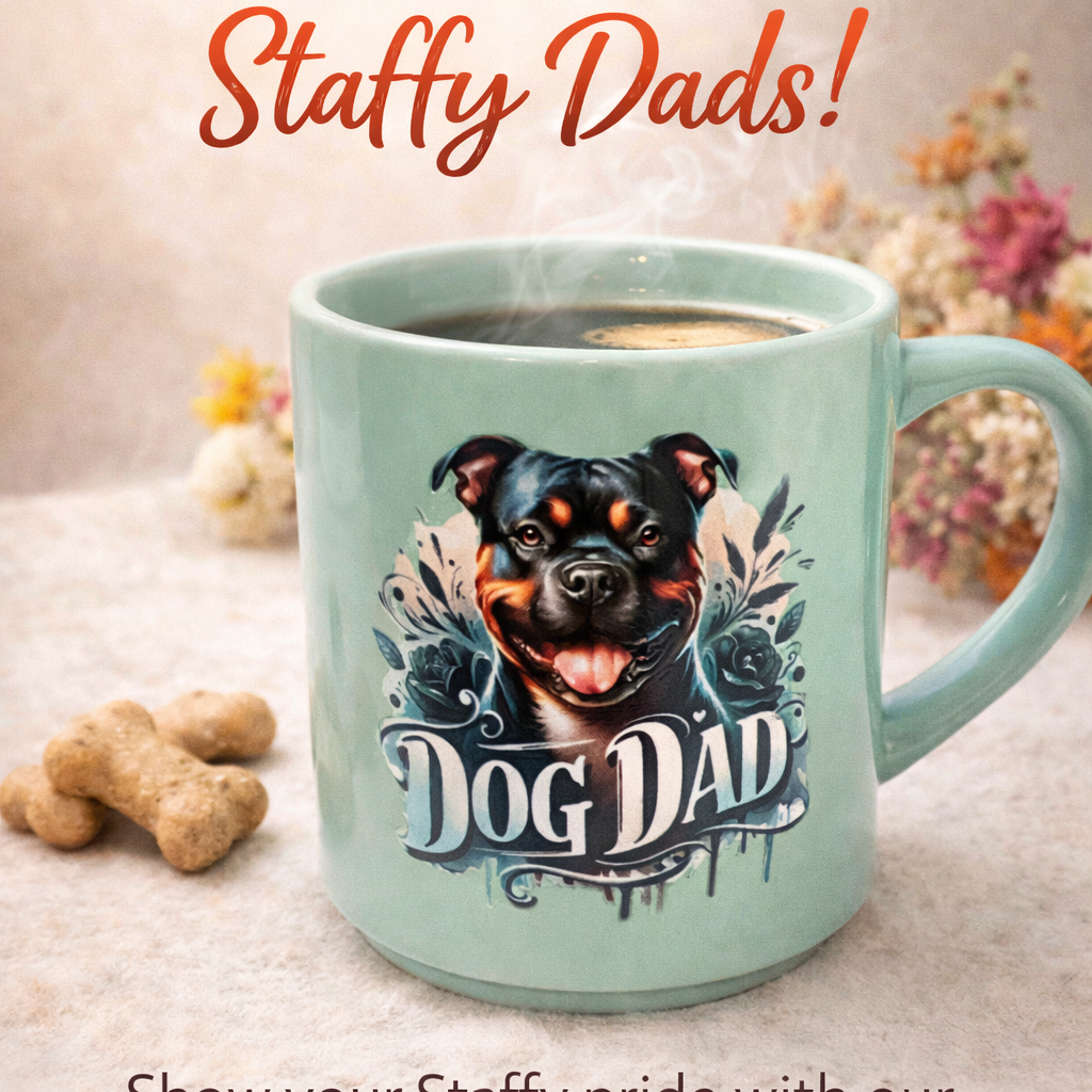 Teal mug with 'Dog Dad' design featuring a Staffy, surrounded by dog treats and flowers.