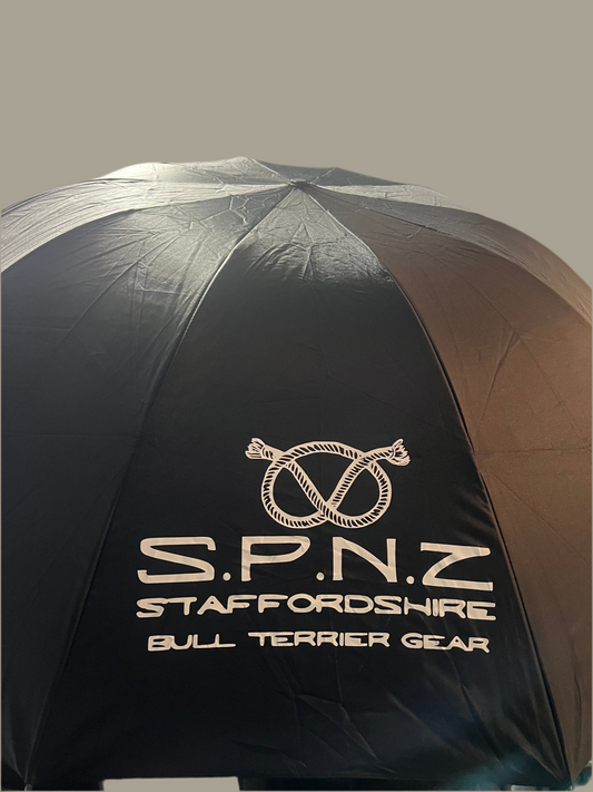 Umbrella with S.P.N.Z Staffordshire Bull Terrier Gear logo on a gray background