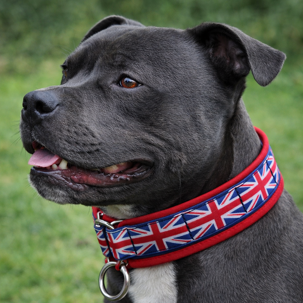 staffordshire bull terrier wearing a collar with a Union Jack design on a grassy background