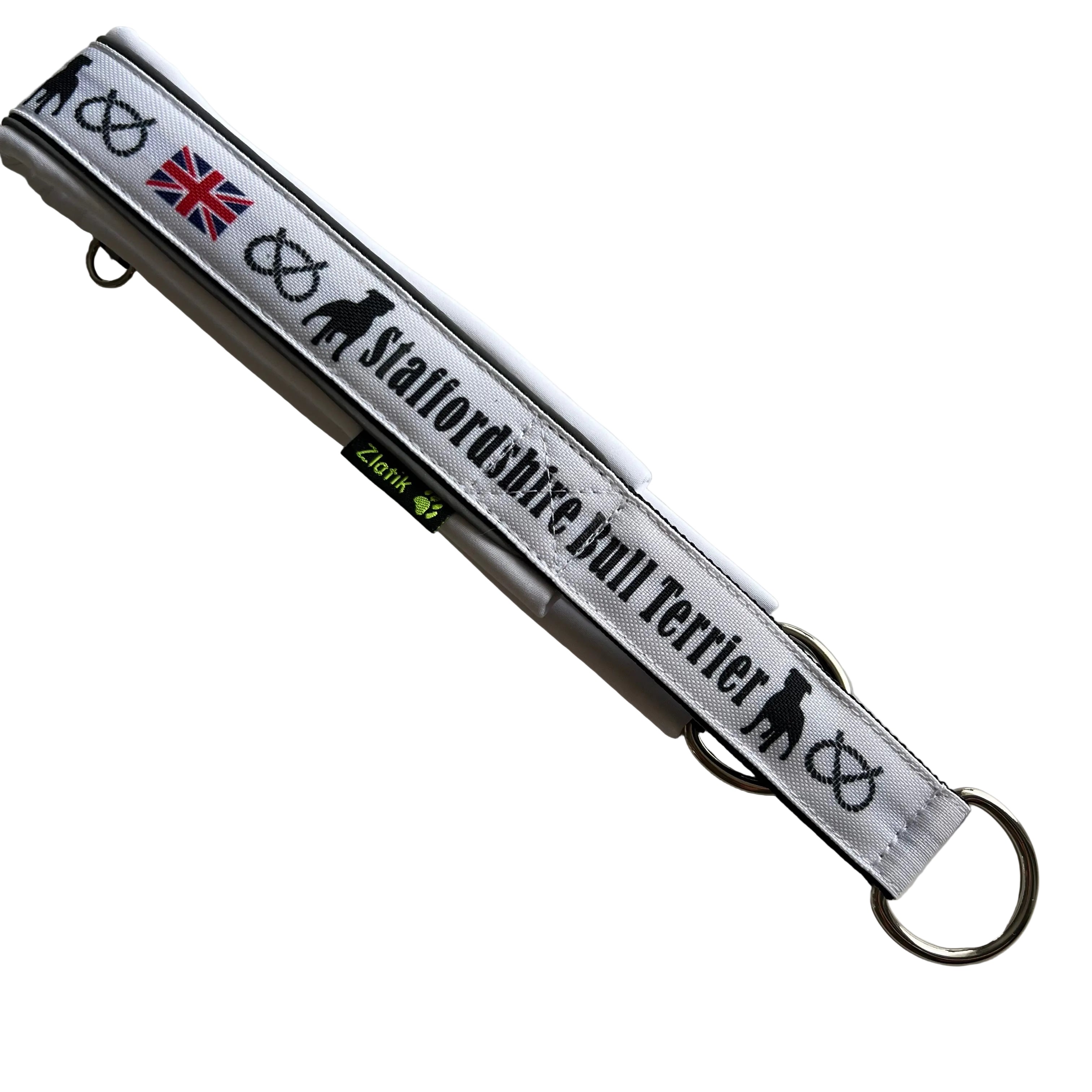 staffy collar with 'Staffordshire Bull Terrier' text and British flag on a white background
