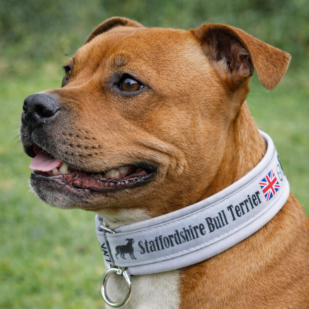 staffy wearing a collar with 'Staffordshire Bull Terrier' text and British flag design on a grassy background