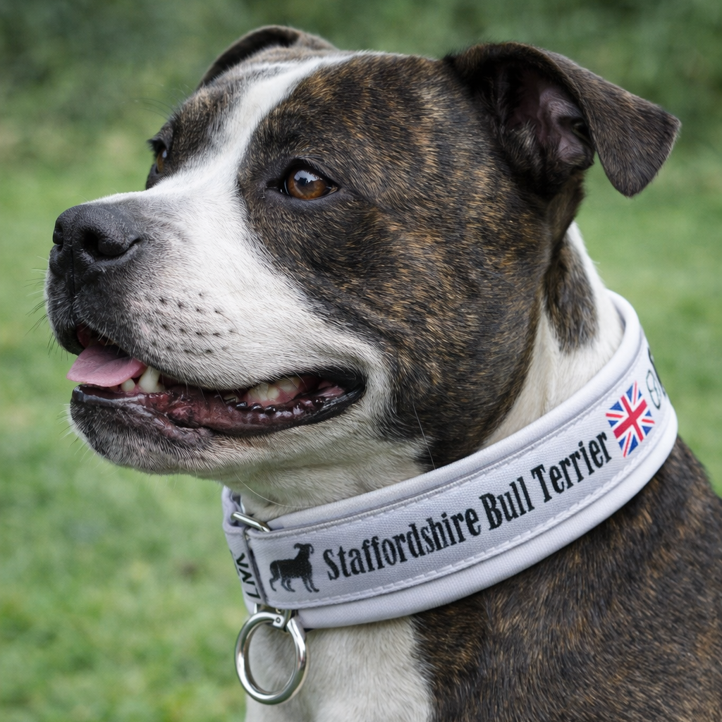 staffy wearing a collar with 'Staffordshire Bull Terrier' text and British flag design on grass.