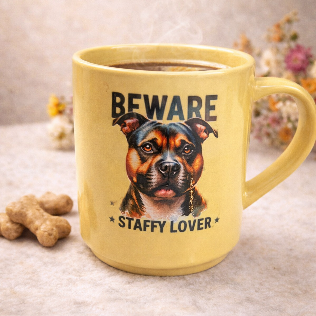 Yellow mug with a Staffy illustration and text 'Beware Staffy Lover' on a textured surface.