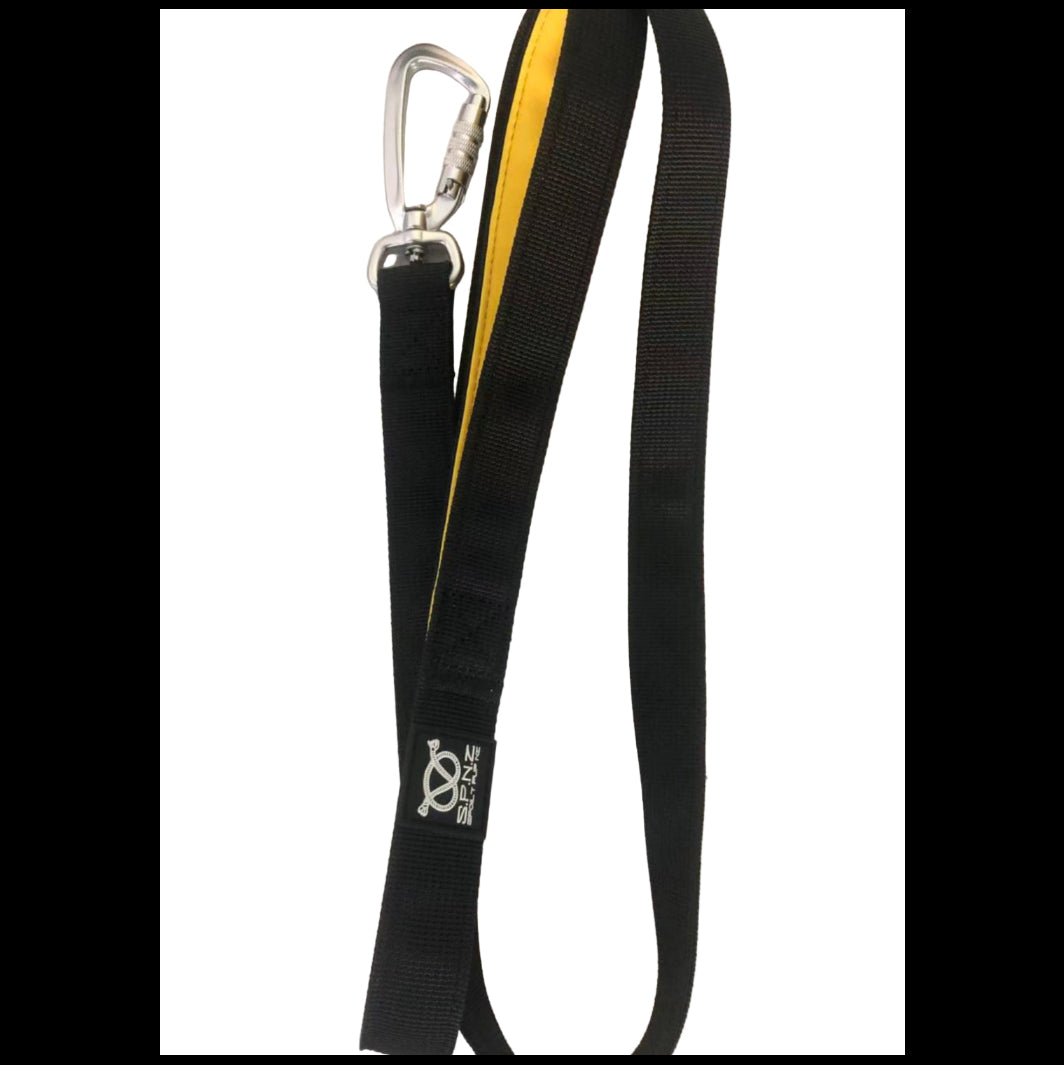 Black and yellow leash with carabiner on a white background