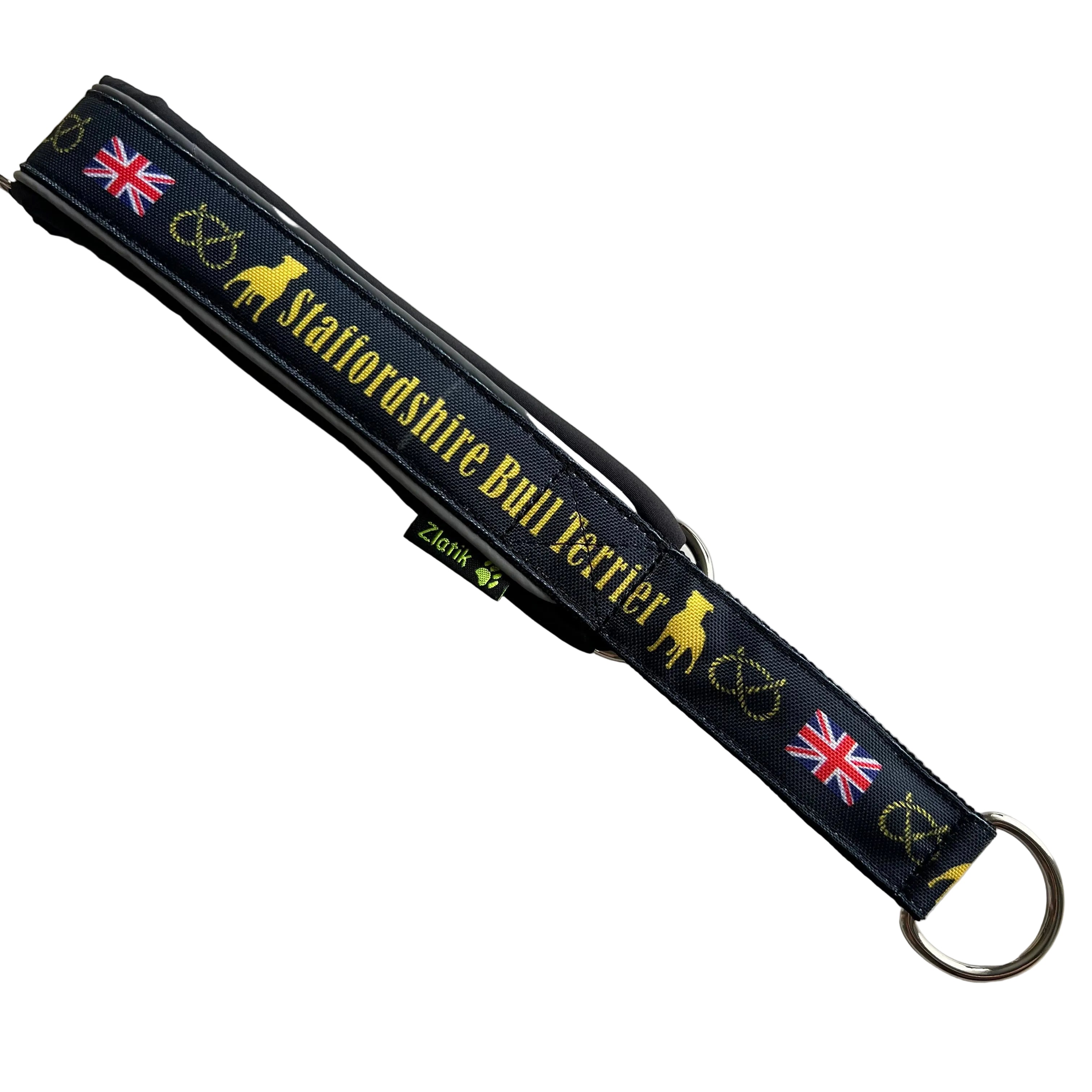 Dog collar with 'Staffordshire Bull Terrier' text and British flag on a white background