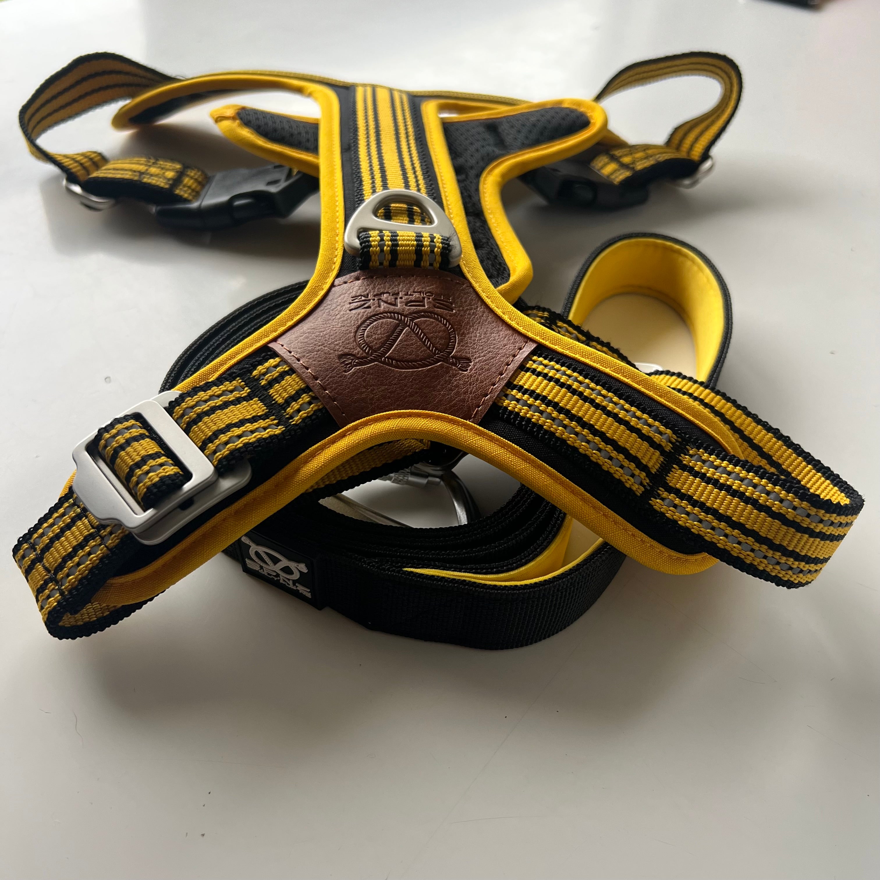 staffordshire bull terrier harness with yellow and black straps on a white background