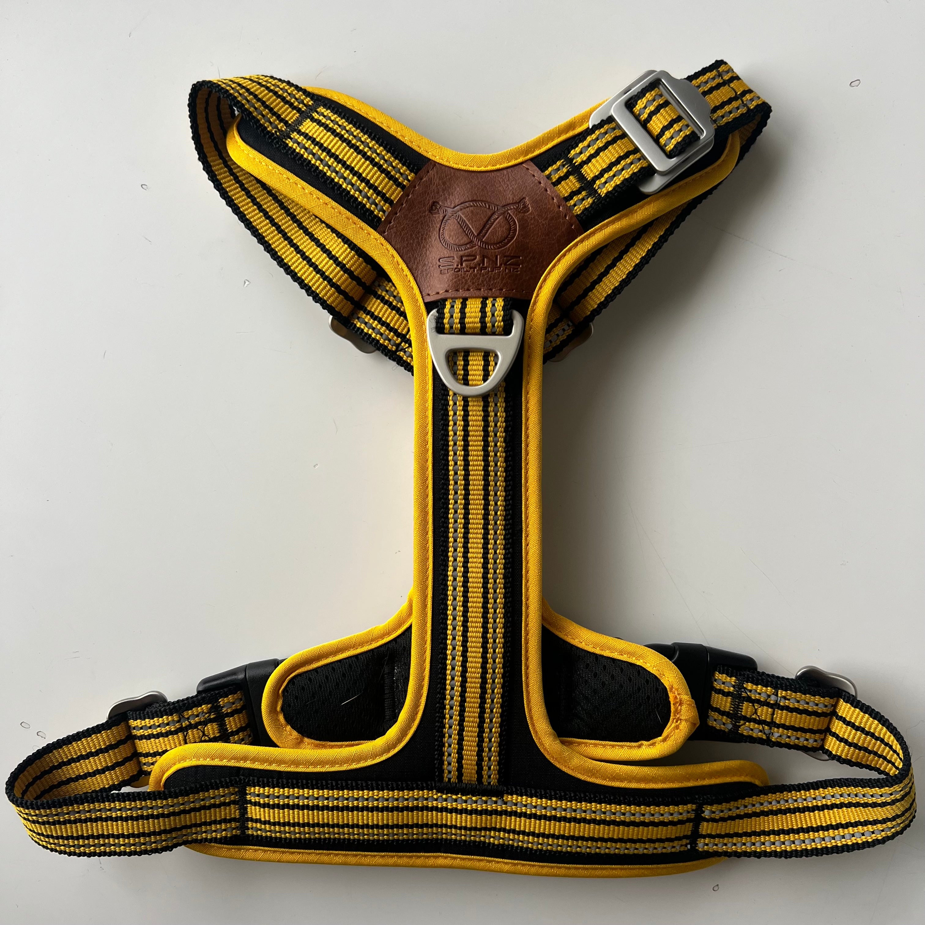 staffordshire bull terrier harness with yellow and black striped pattern on a white background