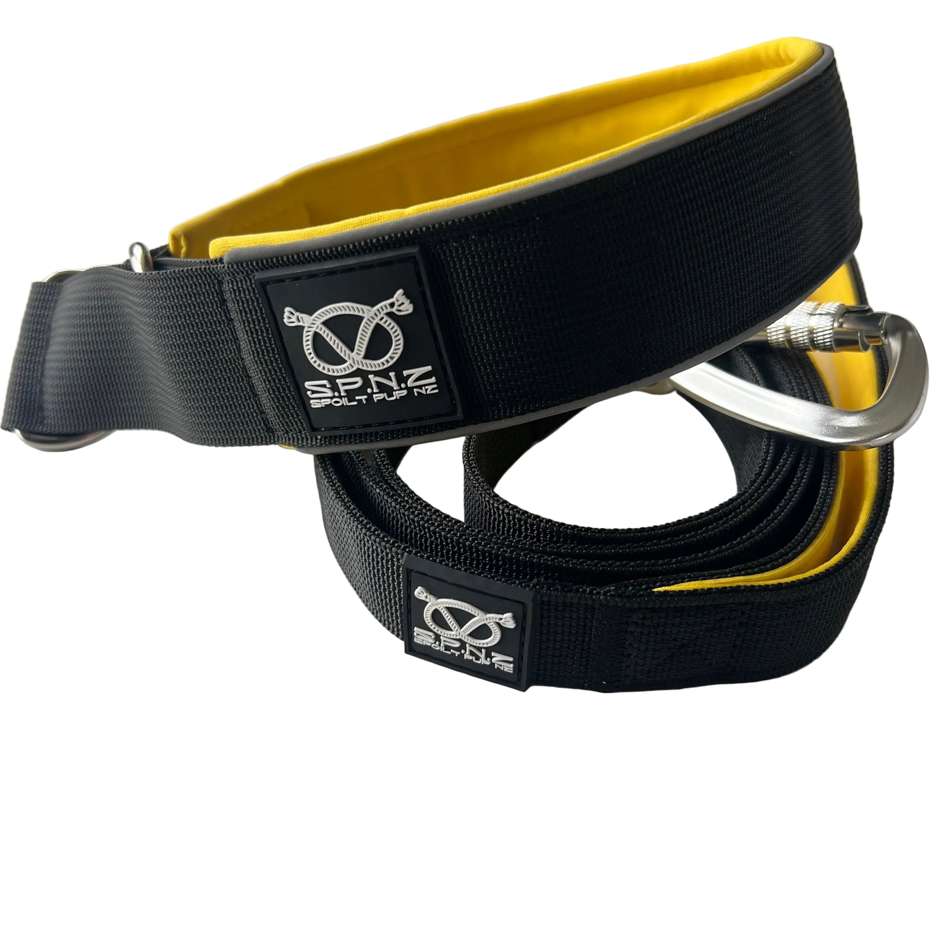 Black and yellow soft collar martingale and leash with SPINZ logo on a white background