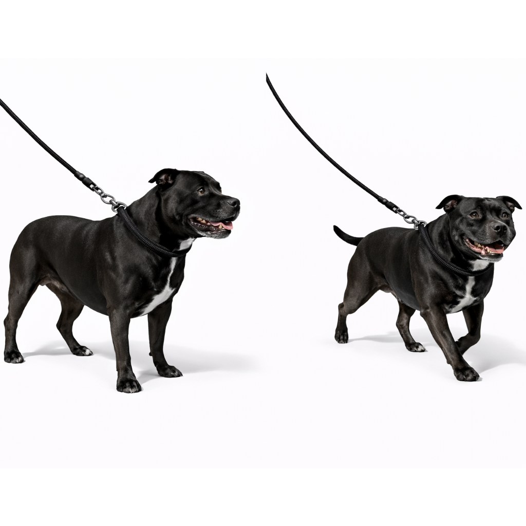Two black staffordshire bull terriers on leashes against a white background