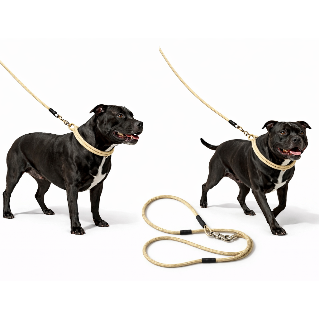 Two black staffordshire bull terriers wearing beige collars with leashes on a white background