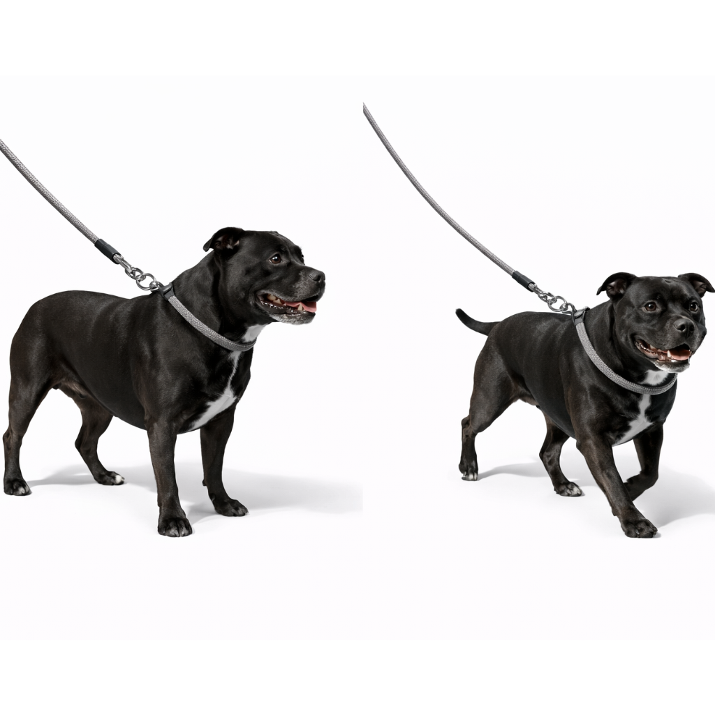Two black staffordshire bull terriers on leashes against a white background