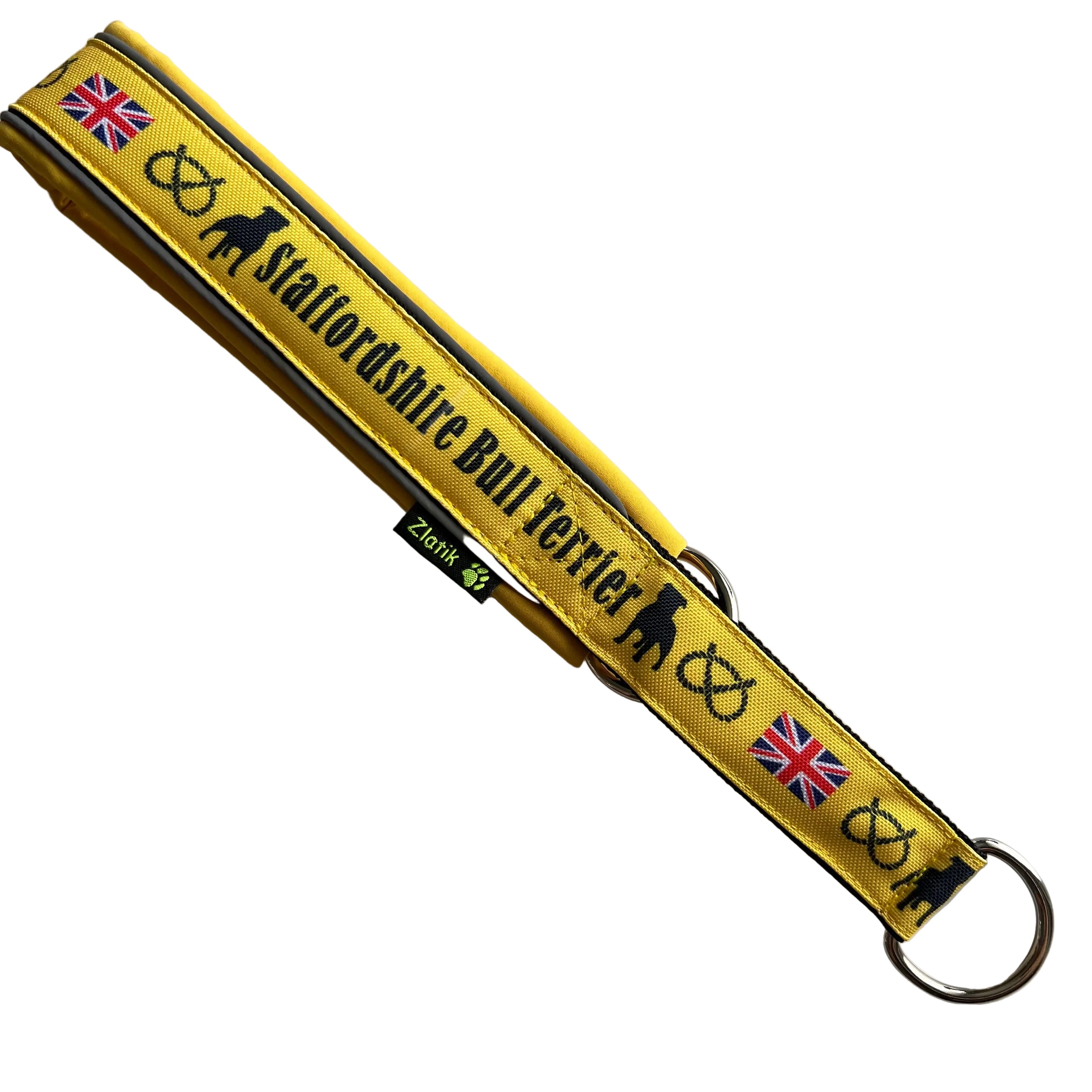 Yellow dog collar with 'Staffordshire Bull Terrier' text and British flag on a white background